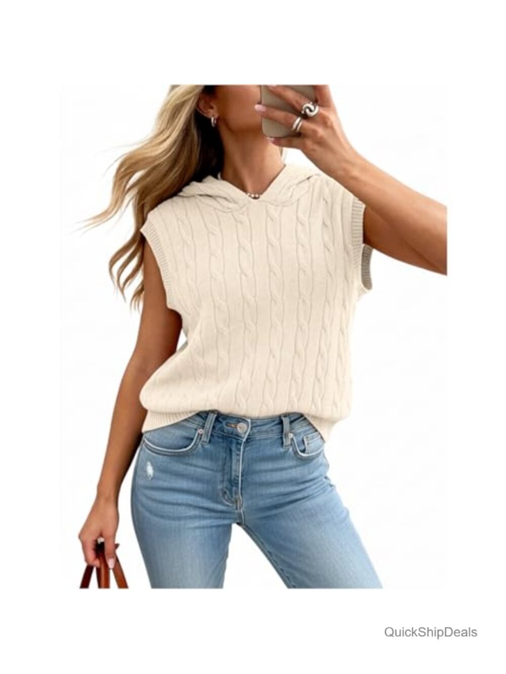 Cable Knit Hoodie Sweater Vest Sleeveless Pullover